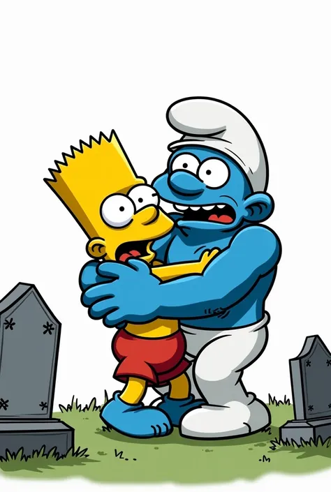 A strong Smurf ,  suffocating Bart Simpson ,  behind a white background next to 3 graves, cartoon style