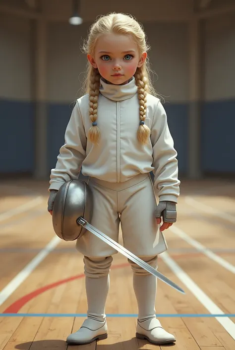 fencingur. fencing. Viking boy blond braided long hair. blue eyes. White Fencing Suit . Epee devant les yeux.  White knee socks . white pants. Veste descrime blanche. in a gymnasium 