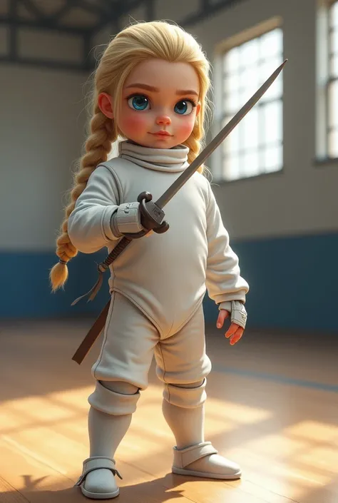 fencingur. fencing. Viking boy blond braided long hair. blue eyes. White Fencing Suit . Epee devant les yeux.  White knee socks . white pants. Veste descrime blanche. in a gymnasium 