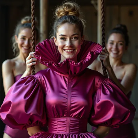 (realistic photograph close up sideways), (a pleased beautiful Caucasian lady with (messy hair bun), she is wearing (an elaborate big shiny fuchsia silk gown with (long gigantic poufy sleeves), (and with a tight ultra high stand-up collar up to her cheeks)...