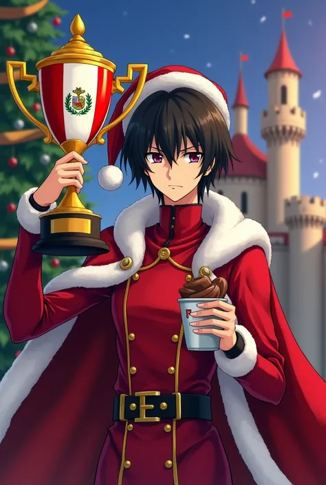 Lelouch from Code Geass in a Christmas costume lifting a trophy and in the other hand a cup of chocolate. On the trophy there is a flag of Peru. In the background there is a medieval castle and a Christmas party