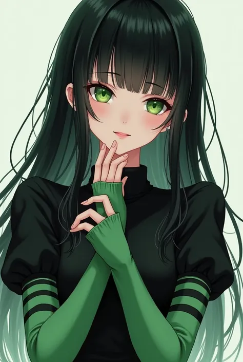 Anime girl green eyes,  white skin , black shirt, he would be, long black hair with bangs arm warmers color green with black stripes 