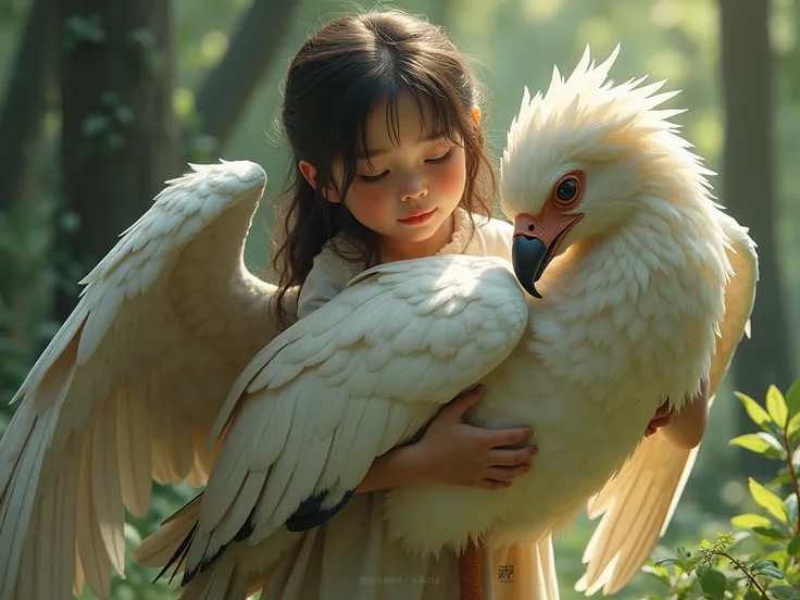 girl with a big bird in her arms