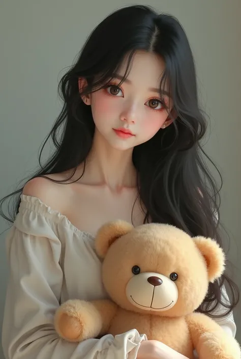 Busty Japanese girl holding a teddy bear  