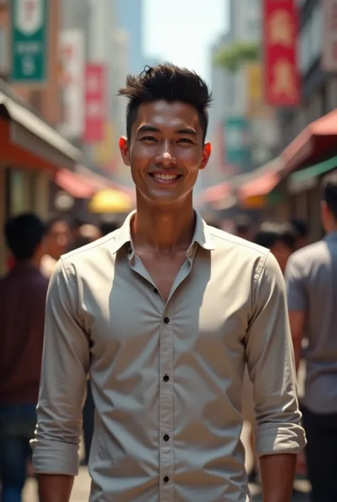 create a picture of a handsome Indonesian man aged 30 years, oriental face, wearing a slim fit shirt, under cut hair, smiling, facing the camera in the middle of a crowd. 3d realistic