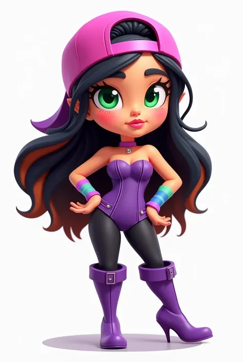  Drawing of a girl Low Poly Cartoon Chibi ,  cap backwards pink purple ,  long black hair combined with cinnamon color , brown eyes green ,  purple corset body with tight sleeves pink purple, medias negras, purple high boots,