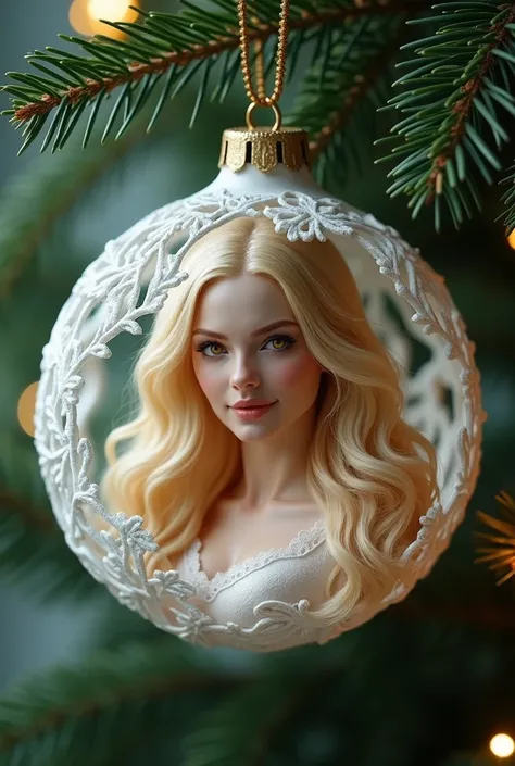 White Christmas sphere ,  to decorate Christmas tree ,  with a woman with long blond hair,  golden eyes and sweet face  