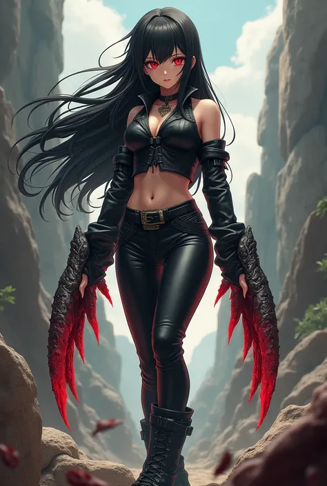 anime girl with black hair and red eyes wearing leather pants and boots. WIth dinosaurs claws with blood