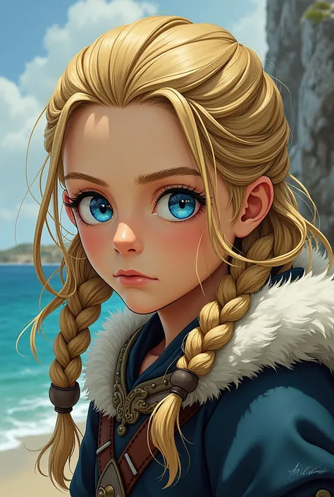 Viking boy face blond long braided hair. blue eyes. manga