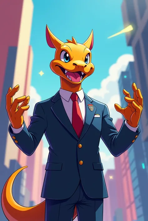 Create a non-realistic animated image of Agumon from Digimon president