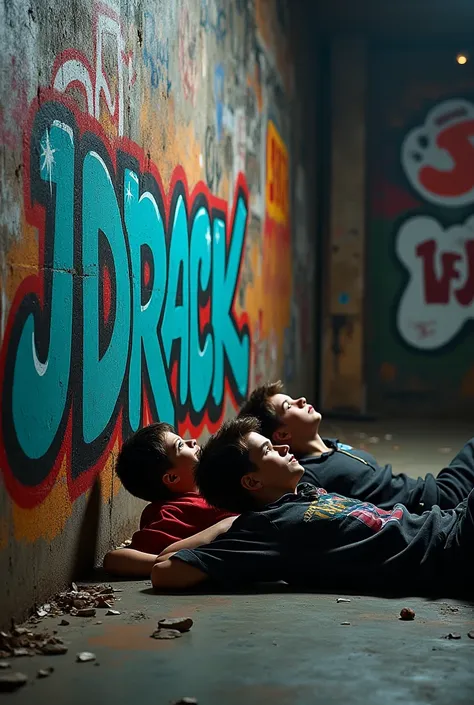 A realistic photo of graffiti that says jdrack and in smaller letters that say of the neighborhood in the studio with two male teenagers and a 15-year-old boy looking but that they are on their backs so that the photo looks complete 