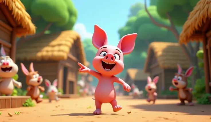  " An animated 3D Disney style scene with Fifo , a little pink piglet ,  laughing and jumping lively in the center of the village .  He has a mischievous look as he points to the horizon ,  screaming that the wolf is coming . Around him, rabbits,  chickens...