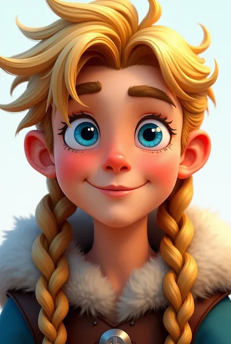 Viking boy face blond long braided hair. blue eyes.  smile. Animated 