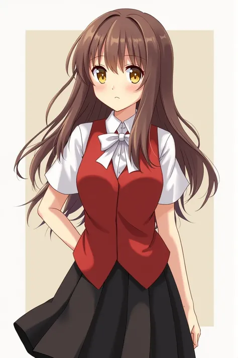 A brown-haired girl with yellow eyes and a red vest and a bow on her chest and a white shirt and a black skirt