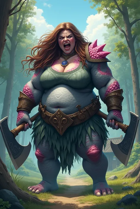  high quality, anime art style, monster woman, big and fat female body,  long hair,  brown hair , furious facial expression,  sharp teeth, skin with shades of blue and gray ,  pink dragon scales on the skin,  wearing womens Viking clothing ,  holding two l...