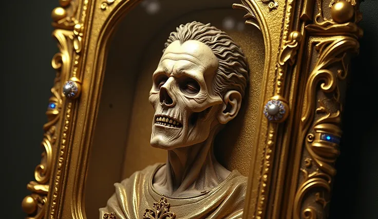 A holy relic featuring a saints partially decomposed face in an elaborate golden display with a glass door on the case. very detailed