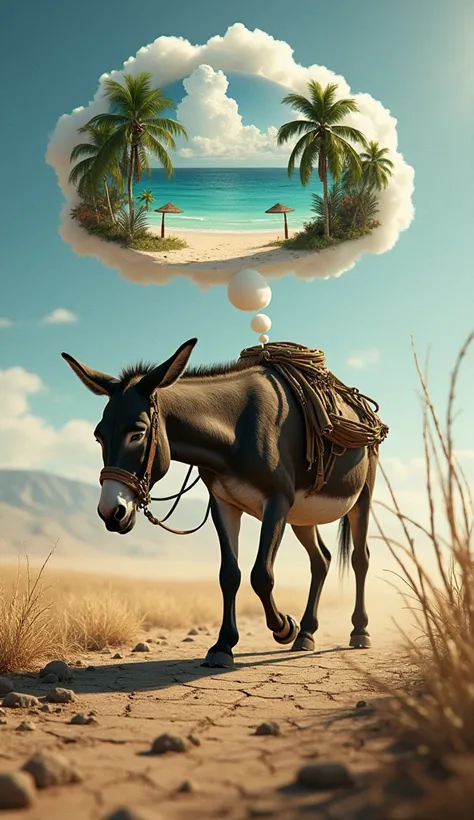  A donkey with a melancholic expression under a scorching sun, plowing a dry, dusty field . In the background,  in a thought bubble above its head ,  an idyllic tropical beach with palm trees ,  white sand and a turquoise sea . photorealistic style, natura...