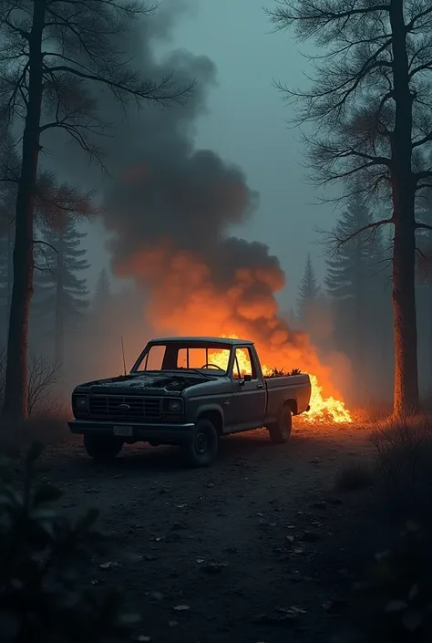 sitio. Night trees .   
From the distance you can see a completely burned Ford Ranger car, Destroyed explosions .  Dark night. 
 The atmosphere is gray and a lot of fire in the car , Both inside ,  and outside smoke 
Cinematic Ultrarealism
