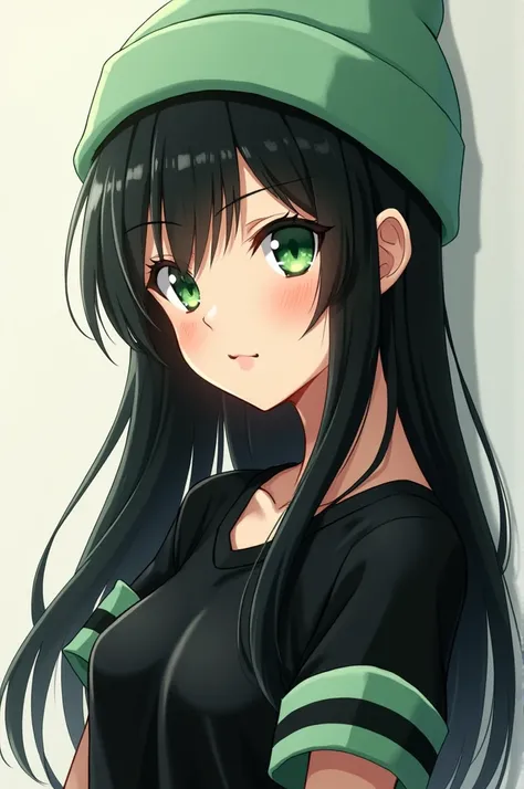 Anime girl light green eyes white skin black shirt arm warmers green with black stripes long hair with bangs black color light green ushanka hat