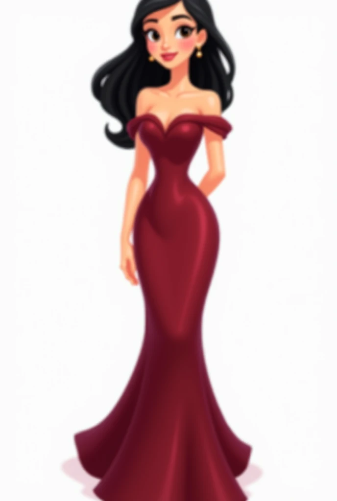 Girl with semi-long black hair .  A wine-red dress fitted to the body. A little lively face ,  white skin and Latin features.  This girl is  .  She must have a full body .  small breasts . 1.65 tall. The image must be from head to toe.  The dress can be a ...