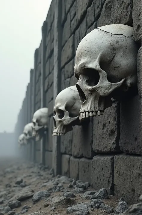 Stone wall with Viking skulls between them