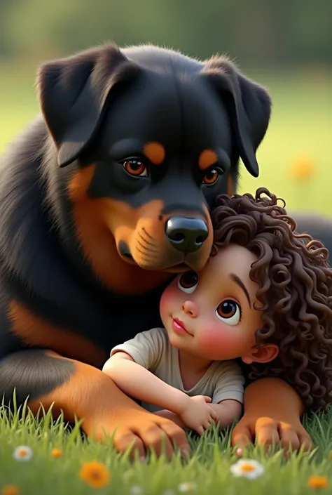 Giant rottweiler hugging a curly-haired girl lying down