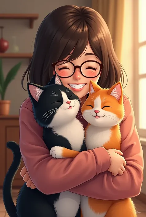 Very happy woman, with glasses,  brunette with straight hair , Cuddle two cats , 
 The first cat is black and white 
And the other orange with white stripes