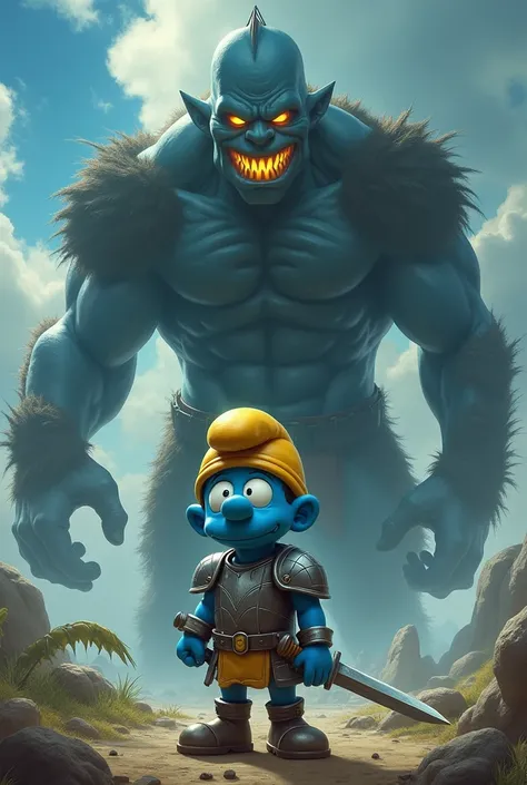 Create an image of a little warrior Smurf staring intently at a huge evil Bart Simpson