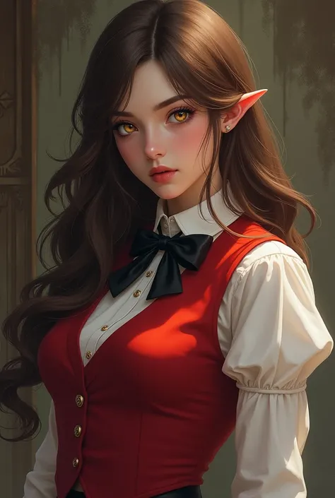 A girl with long brown hair with yellow eyes and a red vest and a black bow on her chest and a white long sleeve shirt and a black skirt