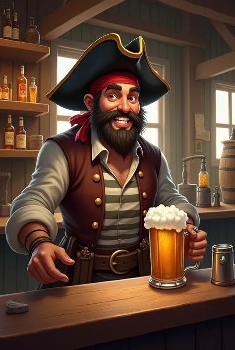 pirate barman, beer mug on wooden top, happy rpg style estilo pintura sepia