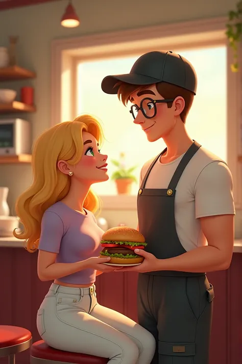 Draw a little fat , cute giril she is 22 years old she have a blond hair green eyes and dimple she dress up white skinny jean and lilac thirst smail and look to her soul mate he is a boy with glass he is 24 years old high then she  and he is a burger chef ...