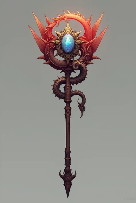 Create a brown and red anime-style combat stick , 1, 50 cm with a silver gem in the center and a dragon on the tip 