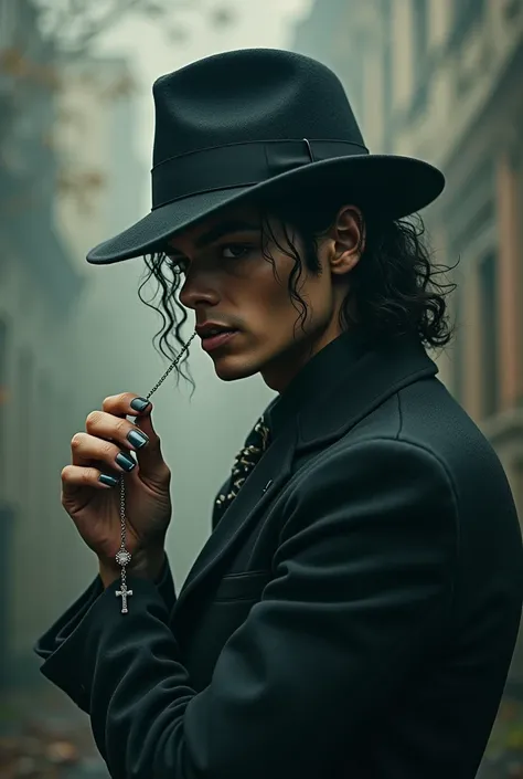 Michael Jackson, there is a rosary  , and the hat on my head is like Peaky Blinders from the movie