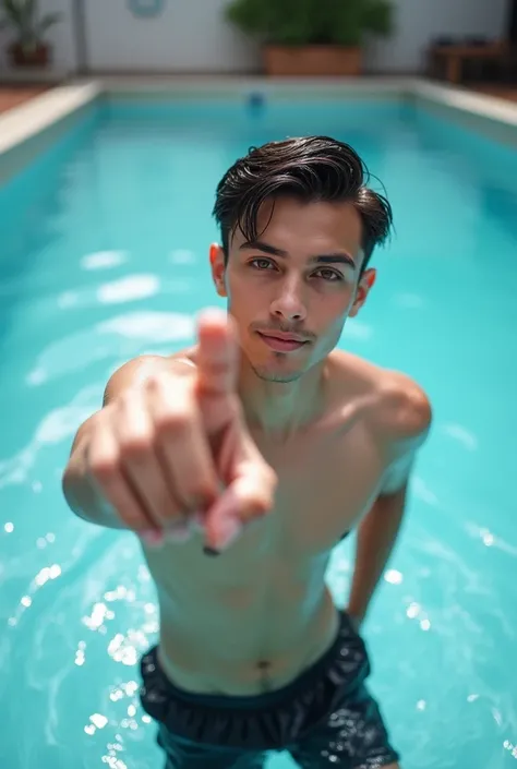  TikTok screen-size photo of a young man in a pool wearing black shorts ,looking at the camera and at the same time pointing a finger at the sky 