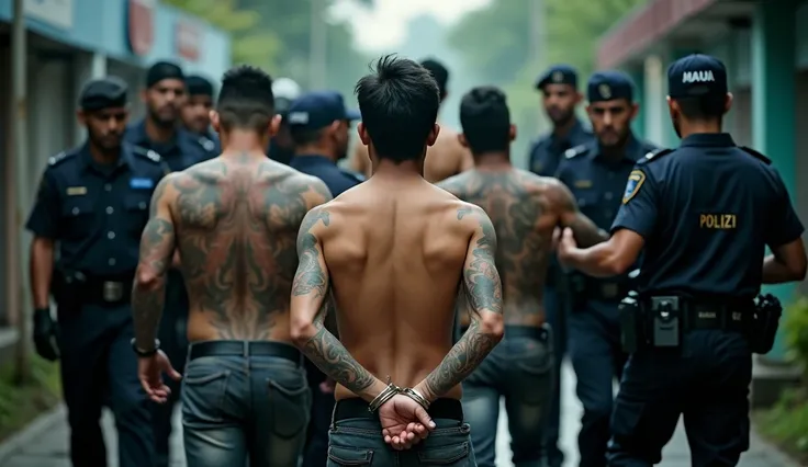  A 20-year-old Indonesian man , ((a 7 people of scary men with tattoos The real face of Asia Indonesia, wearing shirts and t-shirts, are chased by the police, and arrested by the police, handcuffed behind their backs, facing the back)), ((police station ba...