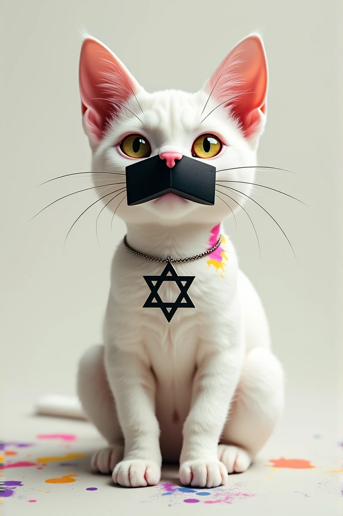 A white cat with a black square mustache wearing  paint and a david star necklace  