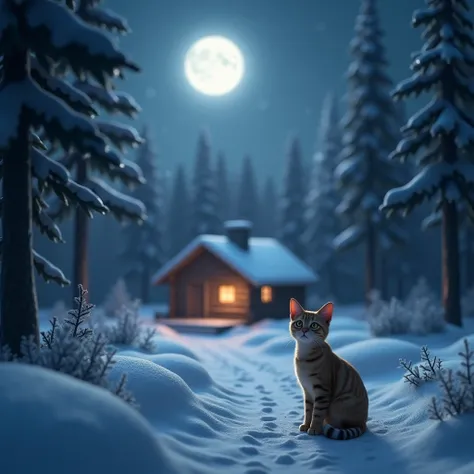 Créer une image 3D hyper-réaliste d’un sentier de neige au clair de lune. Un chalet en bois rond avec de la fumée dans la cheminé.  Un chat regarde de face.