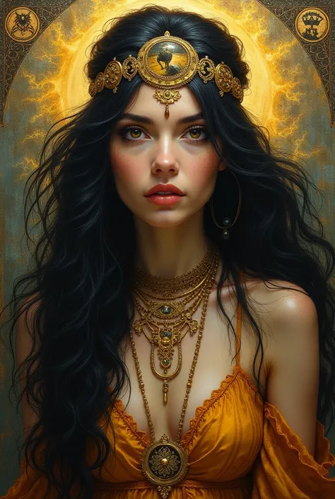  Make an image of a gypsy woman ,  who wears a yellow dress with gold , stripped black hair  , Called Madalena  (in the form of a drawing,  umbanda entity and who carries a gypsy deck "In the form of painting,and not realistic 