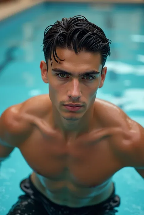  Close up photo of a young man in a swimming pool wearing wet body black shorts  ,looking at the camera with hands up 