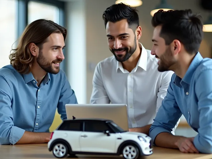 Three young men in the office setting. The first man has long brown hair and is clean-shaven. He is wearing a blue button-down shirt. The second man has a black hair and pencil thin mustaches. He is in a white shirt. The third man is tall with very short d...