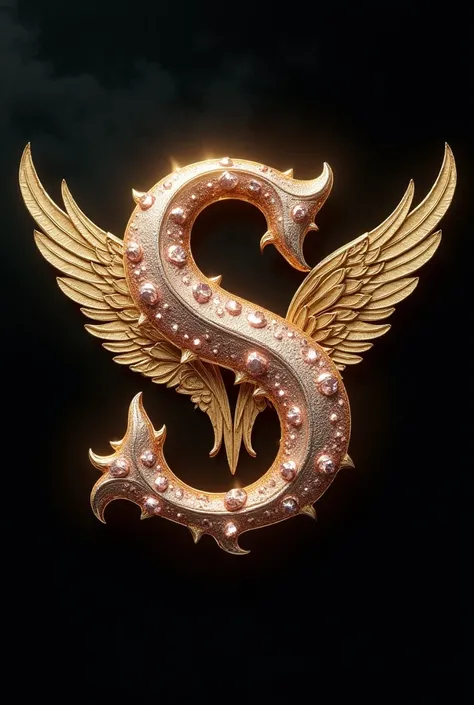 the letters"S", "and" in capital letters, in gold color with diamonds encrusted in pink, winged. andn un fondo negro