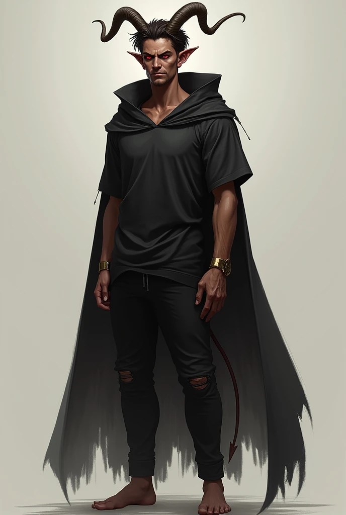 A man with a slightly muscular body smiling with brown skin,  dark brown short hair ,  thin and long tail with arrow-shaped tip,  short horns turned back ,  eyes completely red , wearing black t-shirt and pants, with a black hooded cape , severe appearance