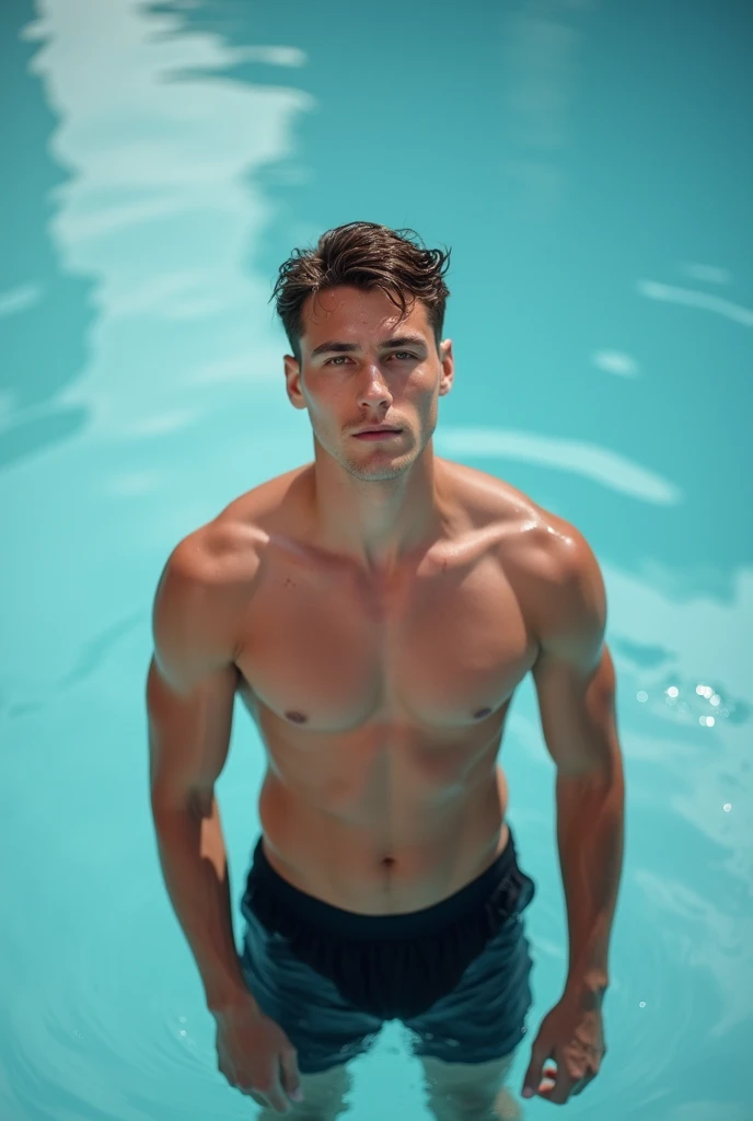 Remote photo of young man in a swimming pool wearing wet body black shorts  ,looking at the camera