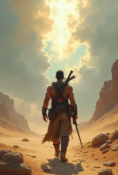  " even though Im walking through the Shadow of Death Valley, I wont fear any harm , Why are you with me "

A warrior with his back looking up at the sky 