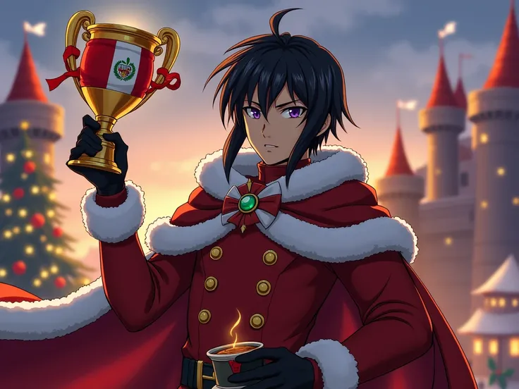 Lelouch from Code Geass in a Christmas costume lifting a trophy and in the other hand a cup of chocolate. On the trophy there is a flag of Peru. In the background there is a medieval castle and a Christmas party