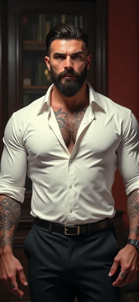 Mafia boss, Men Bon , 20 years,  dominate facial features , Italian,  tattooed, tattoo on back of hand ,  brown hair , bart,  distinctive facial features,  white shirt handsome man, 