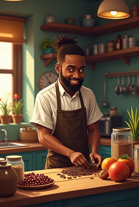 A young man of African descent prepares products for his street vendors in a small kitchen. The scene shows a jar of coffee ,  fruits and utensils .