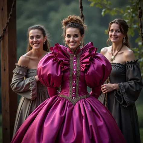 (realistic photograph close up sideways), (a pleased beautiful European lady with (messy hair bun), she is wearing (an elaborate big shiny fuchsia silk gown with (long gigantic poufy sleeves), (and with an ultra high narrow collar up to her cheeks) (with a...