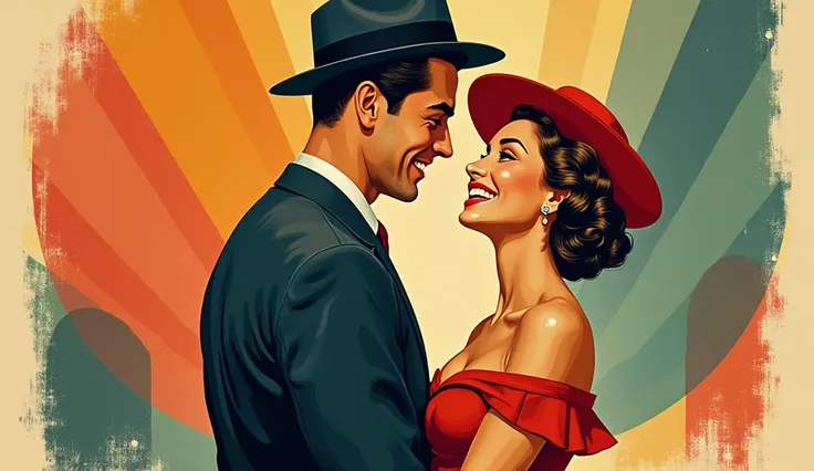  create vintage retro poster art from the 40s, with a man and a woman smiling lovingly  