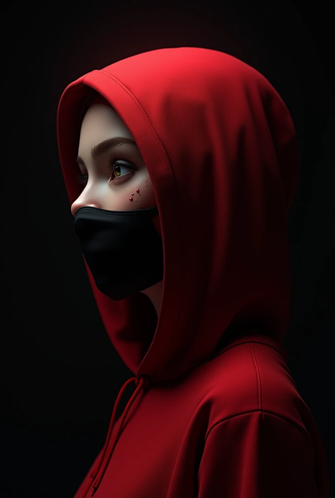 3d animation profile of a beautiful woman wearing a hood wearing a red hoodie and wearing a mask. Name E dew on black background